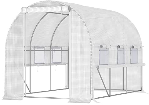 Outsunny 9.7' x 6.5' x 6.5' Walk-in Tunnel Greenhouse, Outdoor Green House with Anti-Tear PE Cover, Zipper Doors and Mesh Windows, White