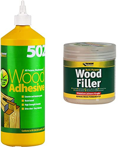 Everbuild 502 All Purpose Waterproof PVA Based Wood Adhesive - 1 Litre & Multi-Purpose Wood Filler, Medium Stainable, 250 ml