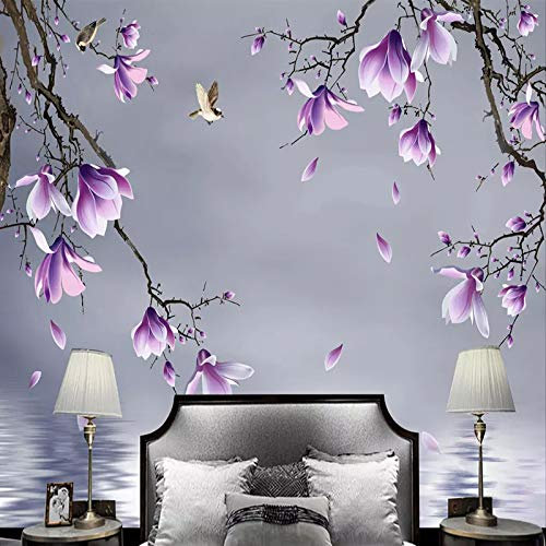 Vlies Fototapete Lila Blume Tier Vogel 3D Effekt Vlies Tapeten Wandtapete XXL Moderne Wanddeko Wohnzimmer Schlafzimmer Büro Flur 450 cm B x300 cm H