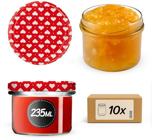 KADAX Juego de 10 tarros para mermelada de 235 ml TO82 con forma de corazón, tarros con tapa de rosca, tarros herméticos, miel y mermelada