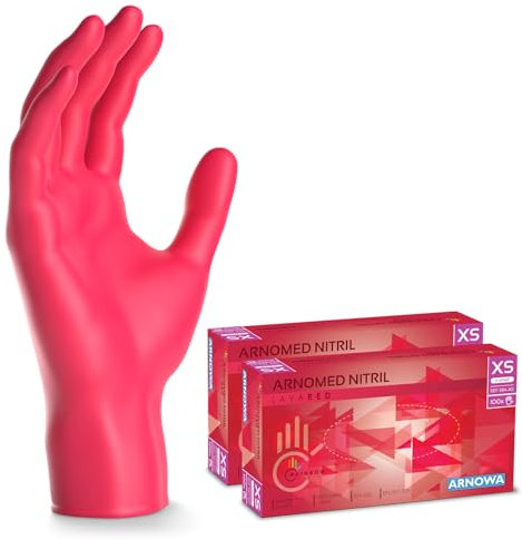 ARNOMED guanti monouso rosso, guanti in nitrile XS, 200x guanti monouso nitrile (2 scatole), guanti in nitrile senza polvere e lattice, guanti per alimenti, guanti nitrile taglie XS, S, M, L e XL