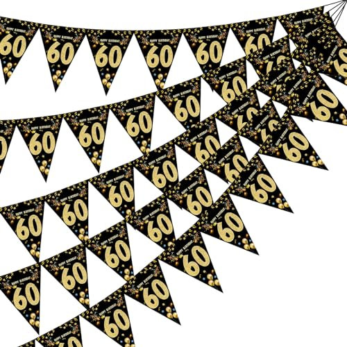 60. Geburtstag Wimpelkette Schwarzes Gold Wimpelkette Deko Stoff Girlande Banner 60. Geburtstagdeko Wimpel Happy Birthday Girlande Aufhängen 60 Geburtstag Party Dekoration für Männer Frauen