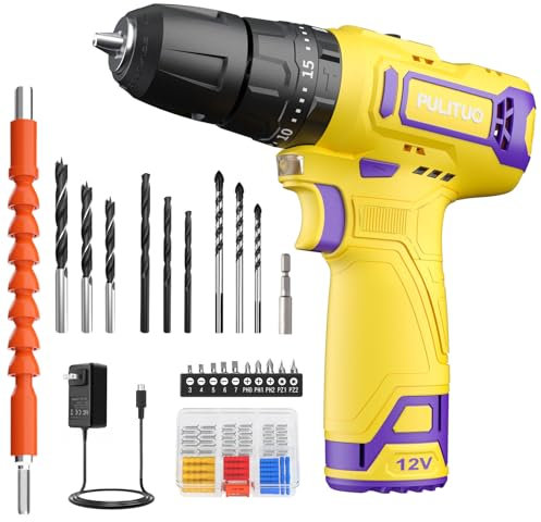 Akku-Schlagbohrmaschine 12 V, PULITUO schlagbohrschrauber set, Akkuschrauber mit 3/8 Metallfutter, 21 + 1 + 1 Drehmomentstufen, 1300-mAh-Batterie mit LED-Licht, 35 N.m maximales Drehmoment