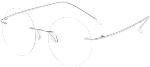 ABETOS Lunettes de lecture, rondes, sans bordure, avec filtre à lumière bleue, en titane, sans bordure, légères, en métal, rondes, mode ordinateur, aide à la lecture avec charnières flexibles,