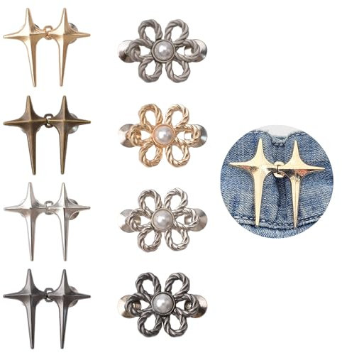 URROMA 8 Paar Jeans-Knöpfe, Kreuzsterne und Blumen, Hosen-Taillenspanner, verstellbare Taillenschnallen, abnehmbare Hosenklammern, kein Nähen, geeignet für Jeans