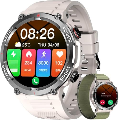 IOWODO Smartwatch Herren Damen | 1.39 Fitnessuhr mit Bluetooth-Telefonie | 24/7 Pulsmessung + SpO2 + Schlafanalyse | 100 Sportmodi & IP68 | Kompatibel mit iPhone Android | Khaki