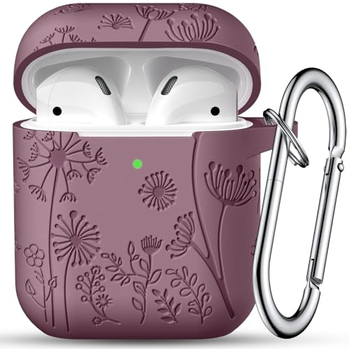 Maledan Schutzhülle mit Blumen-Gravur, kompatibel mit AirPods, niedlich, Silikon, stoßfest, Schutzhülle für Airpods 2. und 1. Generation, Hülle mit Karabiner, LED sichtbar, A-Smoke Violet