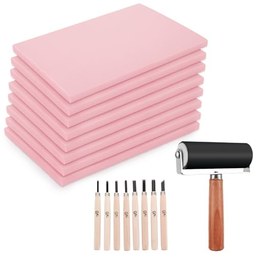 FVIEXE 8PCS 4x6 Inch Pink Rubber Linocut Block Stamp Making Kit with Wood Carving Tools and Rubber Brayer Roller