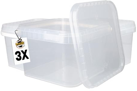 FixedByU 3 secchi con coperchio, 3 l, trasparenti, rettangolari, in plastica, per alimenti, ermetici e stabili, secchiello vuoto con manico e coperchio, adatto per alimenti, prodotti chimici