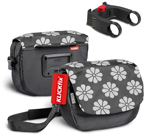 Borgen KLICKfix Lenkertasche Fahrrad, Blumenmuster, Bundle, 5 L | Wasserabweisende und geräumige Lenkertasche, 2in1 Tragetasche mit abnehmbarem Gurt - für E-Bike, MTB, Citybike und Rennrad.
