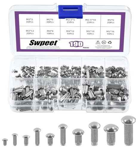 Swpeet Juego de 190 remaches de cabeza de soldador de acero inoxidable 304 sólido M2 M2.5 M3 M4 M5, kit surtido de remaches de cabeza media redonda, remaches sólidos moleteados de aluminio para
