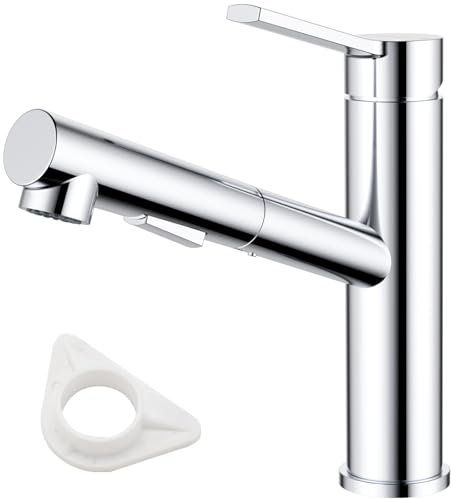 DAYONE Robinet de cuisine avec douchette extensible, en acier inoxydable SUS304 haute pression, mitigeur de cuisine avec 2 types de jet, robinet d'évier rotatif à 120° pour cuisine, chromé