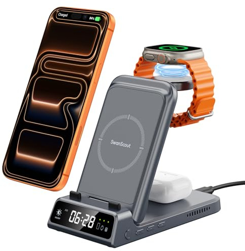 3 in 1 Caricatore Wireless Pieghevole per iPhone Air/17/Apple Watch 11 | Stazione di Ricarica per iPhone 16/15/Apple Watch Ultra 3/SE 3/10/9, Portatile da Viaggio, con Display Ora, Senza Adattatore