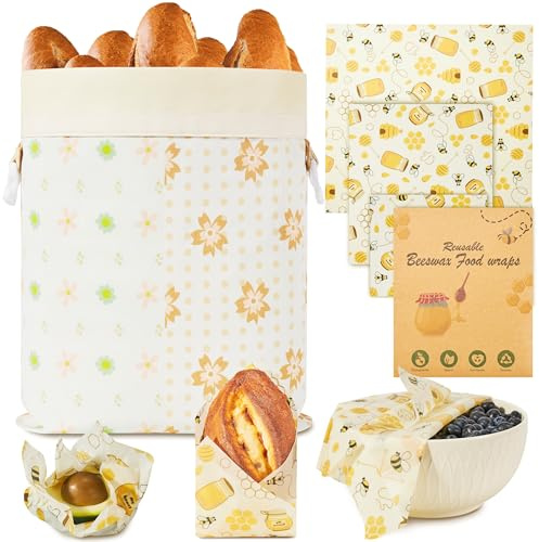 XAQMHSW Reusable Beeswax Bread Bags & Food Wraps – Sustainable Kitchen Storage for Homemade Bread, Organic Cotton Bags for Fresh Food