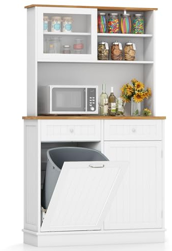 COSTWAY Küchenschrank, für 45 L Mülleimer, Buffetschrank mit Arbeitsplatte & 2 Schubladen & verstellbaren Einlegeböden, Hochschrank Küche für Mikrowelle, Kommode Holz, 100 x 34 x 172 cm (Weiß)