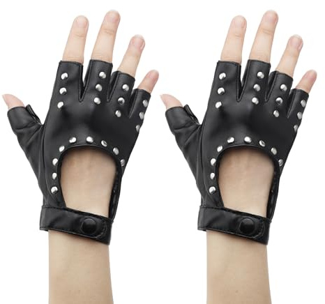 ZMDMAH Punk Handschuhe Fingerlos Fingerlose Handschuhe Damen und Herren Handschuhes Leder Punker Kostüm für Halloween Mädchen Cosplay Performance Themenparty Karneval 1 Paar