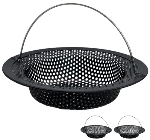 2 Pcs Kitchen Sink Strainer with Lift-up Handle Stainless Steel Prevent Clogging Bathroom Drain Hair Catcher (Black)
