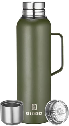 Vacuum Insulated Flask 1500ml/50oz with Cup Lid Stainless Steel Thermo Water Flasks Leakproof Keep Coffee Hot&Cold Drink Bottle.(Green, with Handle, 1500ml)