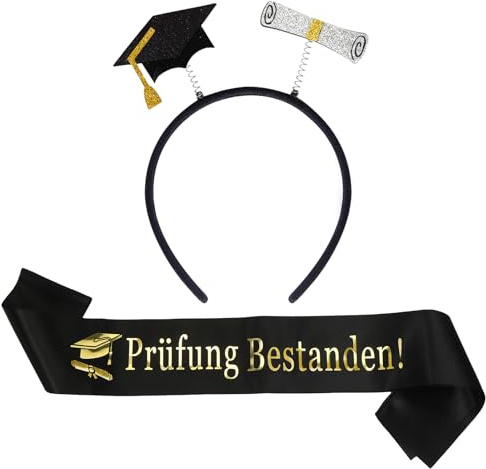 Augesak Bestandene Prüfung Schärpe,Prüfung Bestanden Abschluss Hut,Schwarzes Gold Abschluss Deko,Abitur Graduation Hat für Abschlussfeier,Prüfung Bestanden Haarband Girlande,Graduation Party Deko