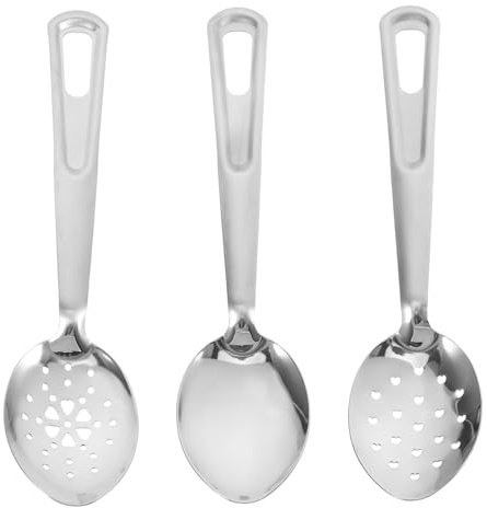OUNONA Set di 3 Cucchiai Forati in Acciaio Inox Resistenti e Riutilizzabili per Buffet, Cucina e Ristoranti, Colore Argento, Posate per Servire Versatili
