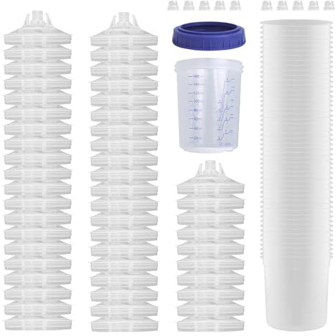 Jubilofex Vasos medidores de pintura – Vaso de mezcla de pintura, taza de escala de acabado automático, 50 forros transparentes de pintura de coche con tapones, contenedores de fácil vertido para