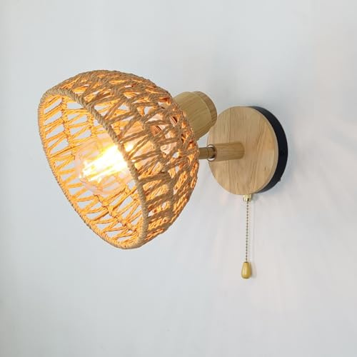 LOGT Boho Wandlampe Retro Wandleuchte mit Schalter E27 Verstellbare Wandbeleuchtung Hanfseil Lampenschirm Nachttischlampe Bohemian Bettlampe mit Zugschalter Holz Rustikale Leselampe für Schlafzimmer
