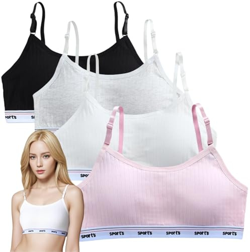 JYCY 4 Pack Kids Bra Girls Sports Bras First Bra Girls Tops Age 8-14Teen Cotton Puberty with Removable Padded Cups and Adjustable Underwear (UK, Age, One Size, Regular, Type-1)
