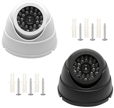 DAWRIS Lot de 2 caméras de surveillance factice - Caméra de surveillance dôme avec lumière LED clignotante - Fausse caméra pour l'intérieur - Caméra de sécurité réaliste pour dissuasion au bureau