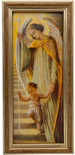 Lunexus Schutzengelbild 25x12 cm - Zatzka-Motiv Engel Kind, gesegnet, Taufe | Massivholzrahmen mit Echtglas - gesegnet mit Zertifikat - Engel führt Kind Treppe - für Kinderzimmer, Taufe, Kommunion