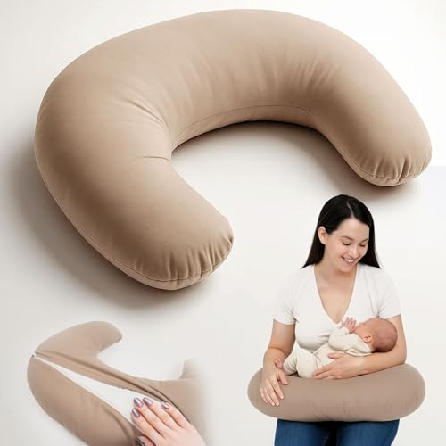 PaLulli® Baby Stillkissen mit Bezug – Komfortables Still- und Lagerungskissen für Babys – Unterstützendes Stillmond Kissen – Kleines Stillkissen für bequemes Stillen und Füttern (Helles Braun)