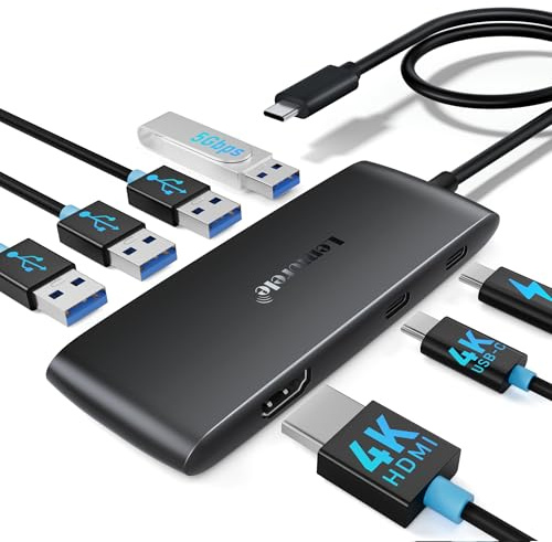 Lemorele Docking Station Dual monitor,7-in-1 USB C Hub with HDMI + DP Adapter 4K@60Hz, 3 USB 3.0/2.0 Ports,100W PD Fast Charging, Plug and Play for Dell/HP/Surface/Macbook Laptop