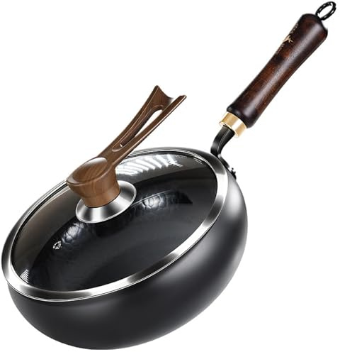 GZGLZDQ Wok Induction Résistant aux Éclaboussures Antiadhésif, Sauteuse Sans Revêtement en Acier au Carbone Grande Capacité Antirouille pour Plaques Induction et Gaz(Ø 24cm)