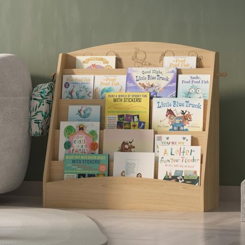 Hironpal 5-Tier Montessori Children Bookcase, Baby Bookshelf, Natural Wood | Book Storage with Hook and Cartoon Pattern, Toddler Front Facing Shelf for Kids Room, Bedroom, Nursery, Playroom, Living Room