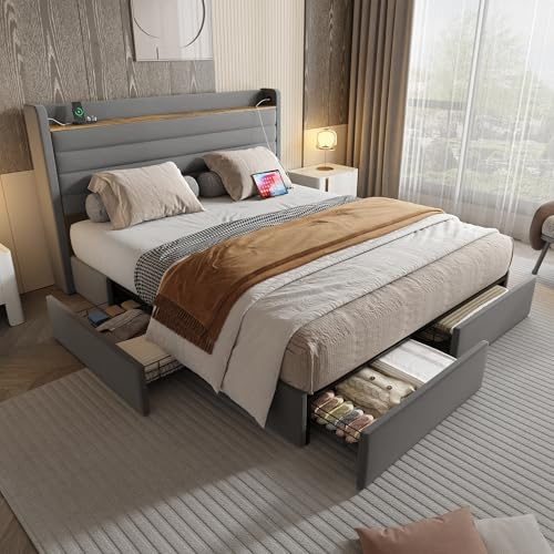 XPSSJMU Estructura de Cama Moderna, tapizada en Terciopelo, cabecero con Puerto USB y función de Almacenamiento, 4 cajones en la Parte Inferior de la Estructura de la Cama, 140 x 200 cm, Color Gris.