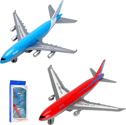 VOSSOT 2 pezzi Airbus A380 giocattolo aereo – Mini aereo in metallo modello con funzione di ritiro, modelli aerei, perfetto come giocattolo aeroportuale e regalo (lunghezza 14 cm)