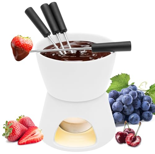 shaojian Chocolate Fondue Set 300ml Cheese Chocolate Melting Cup with 4 Stainless Steel Forks, Ceramic Bowl and Stand Mini Secret Santa Gifts, Ideal for Parties Dipping Sweets Fruit Biscuits(white)