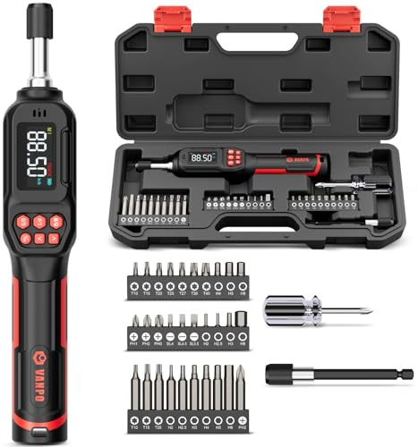 VANPO Destornillador de par digital 0,5 – 10 Nm, juego de destornilladores dinamométricos de 1/4 pulgadas con pantalla LCD y zumbador, 31 puntas y extensión de 100 mm, 4 unidades para bicicleta