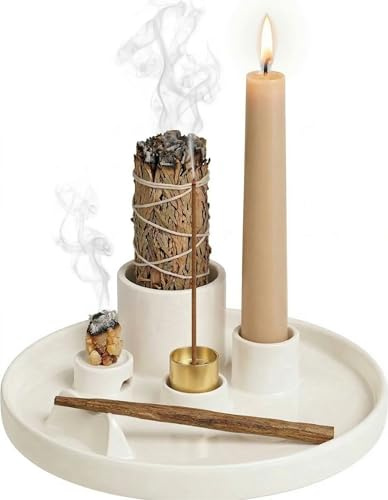 5 IN 1 Multifunktionaler Keramik-Räucherstäbchenhalter mit Ascheschale, Räuchergefäß für das Verbrennen von Salbei, Palo Santo, Räucherstäbchen und Räucherkegeln, für Home Decor, Meditation und Yoga