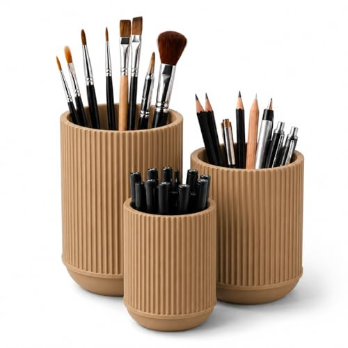 CABU Stiftehalter Beige 3er Set – Minimalistischer Schreibtisch Organizer – Multifunktionaler Stiftebecher & Pinselhalter aus robustem Kunststoff – Modern Matt für Büro, Homeoffice & Kosmetik