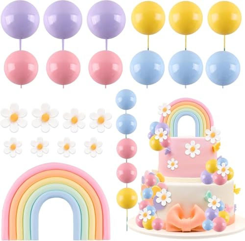 ZWLIYCHN Tortendeko Regenbogen 26 Stück, Rainbow Cake Topper mit Tortendeko Kugeln Pastell, Gänseblümchen Kuchendeko, Regenbogen Deko Kindergeburtstag für Babyshower Mädchen Jungen Thema Party Dekor