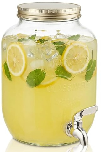 Dispensador de agua fria Botella cristal 5 Litros con Grifo y Tapa Metálica, Dispensador para Bebidas Frías y Calientes, Apto para Nevera, Vidrio Resistente para Fiestas, Eventos y Uso Diario