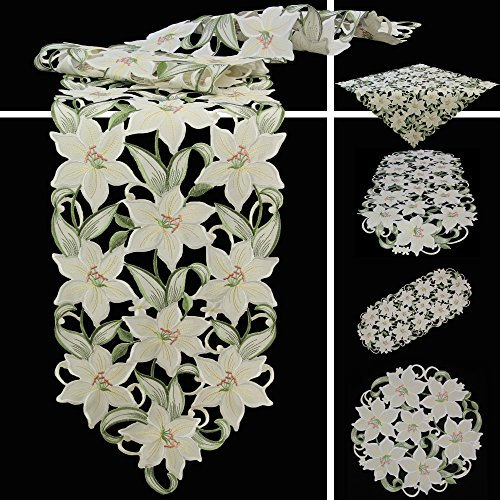 Quinnyshop Weiße Lilie Stickerei Tischdecke Tischläufer ca. 40 x 90 cm Oval Polyester, Weiß Grün