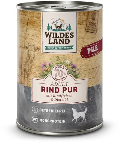 Wildes Land - Nassfutter für Hunde - Rind PUR - 6 x 400 g - mit Distelöl - Getreidefrei - Extra hoher Fleischanteil von 70% - Beste Akzeptanz und Verträglichkeit
