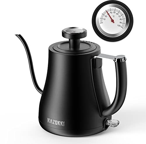 Razorri Bollitore Elettrico per Caffè a Collo di Cigno, Termometro per Bollitore per Caffè in Acciaio Inossidabile da 0,7 Litri sul Coperchio Bollitore per Acqua Calda Acqua Calda Cordless 1000 W Nero
