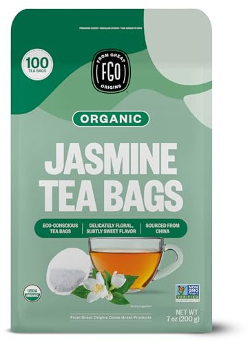 FGO Organic Jasmine Green Tea, 100 Count, Eco-Conscious Tea Bags, Resealable Bag, Packaging May Vary (Pack of 1)