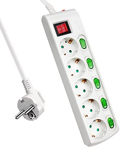 ExtraStar 5-Fach Steckdosen Kindersicherung, 2m Kabel Steckdosenleiste mit Einzelschalter,16A/230V, MAX.3680W, Mehrfachsteckdose mit Schalter, Weiß