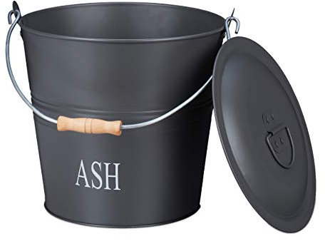 Relaxdays Secchio Raccogli Cenere con Coperchio, 12 L, con Impugnatura, per Carbone, Grill, Rotondo, Camino, Grigio, Legno, 1 pz