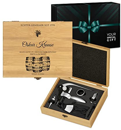 Maverton Weinöffner-Set personalisiert Weinset Sommelier Set - Geschenkbox Holzbox + 6er Weinzubehörset - aus Bambus - Braun - Geschenk zum Geburtstag für Männer - Echter Genießer