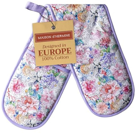 Maison d' Hermine Double Oven Mitts 100% Double Cotton Oven Glove 18 x 89cm | Heat Resistant BBQ Cooking Gloves with Loop Baking Grilling Kitchen Hotel Home Farmhouse Spring Summer - Floral Love