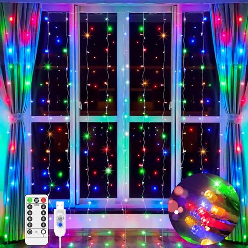 JXLEDAYY Curtain Fairy Lights Outdoor Waterproof 2Mx2M 200 LED String Lights Plug in Window Lights USB Remote Timer 8 Modes for Indoor Bedroom Wall Wedding Party Christmas Decoration-Multicoloured